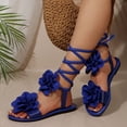 thumbnail image 3 of Gladiator Sandals for Women Solid Color Flower Strappy Lace up Open Toe Flat Shoes Summer Beach Vacation Casual Footwear Blue Size 10.5, 3 of 7