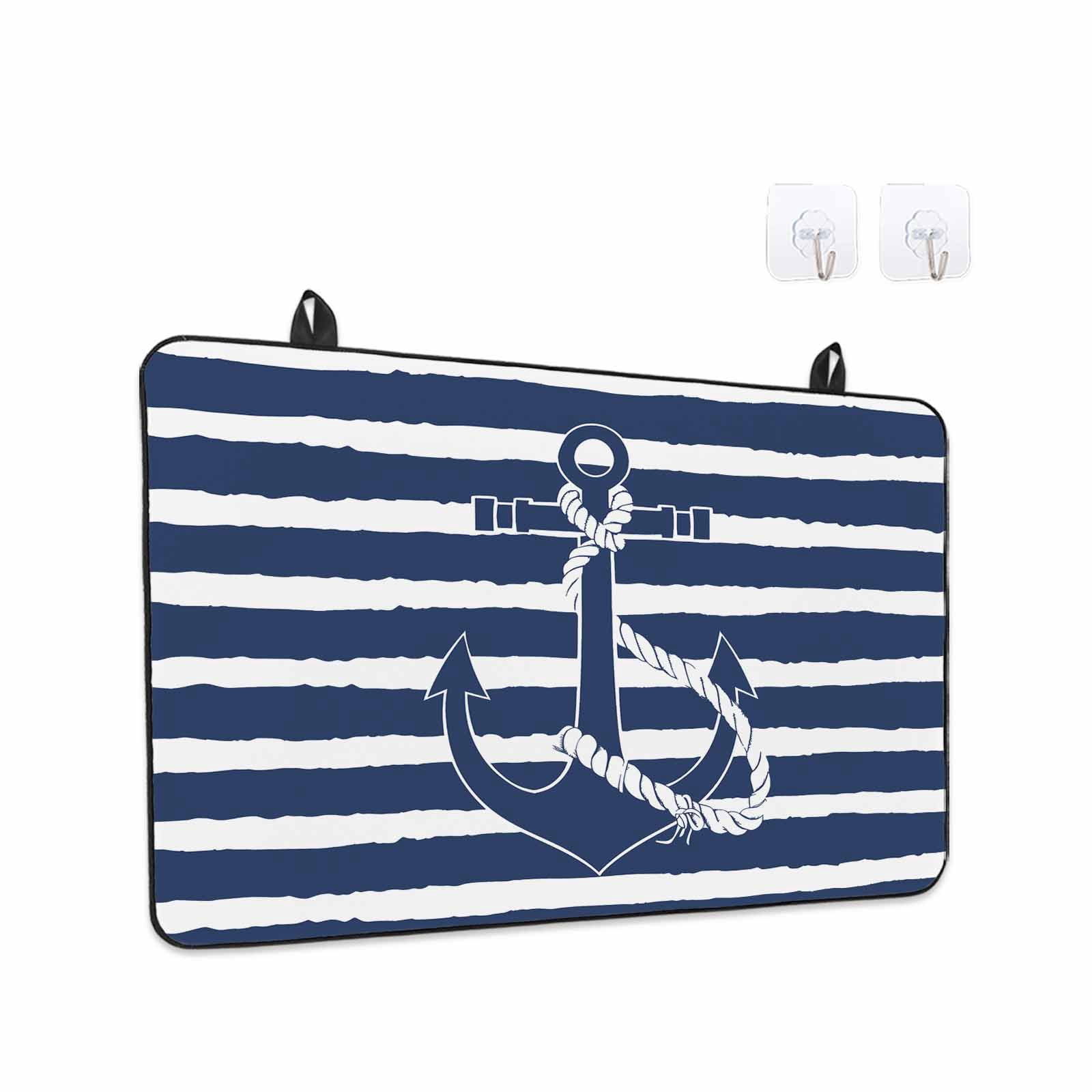 Navy Blue Anchor Nautical Stove Top Cover for Electric Stove, Heat-proof & Non Slip Glass Top Stove Cover Protector, Navy Blue Striped Farmhouse Kitchen Flat Cooktop Rubber Mat 24x21 Inches