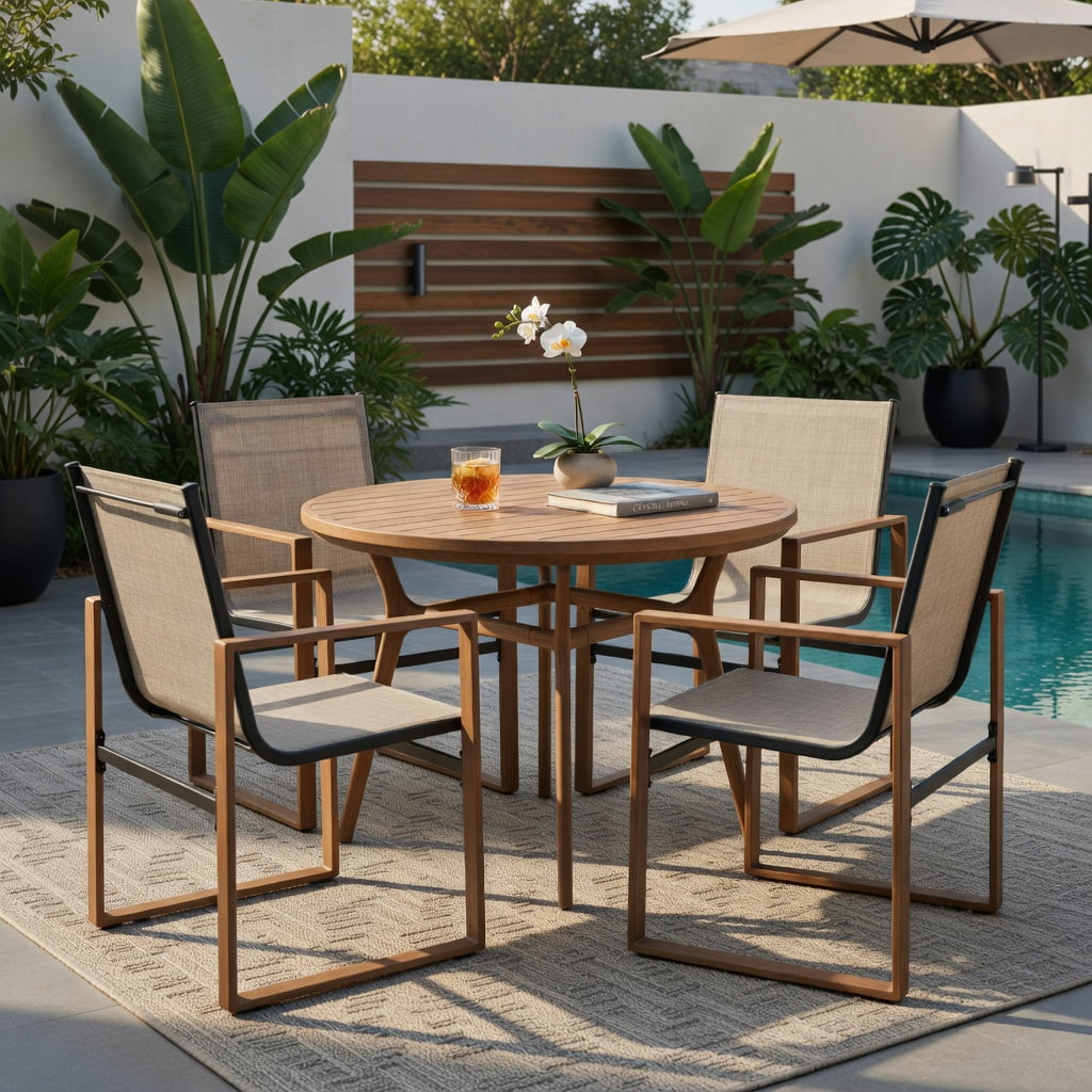 Hommoo 2-Pack Outdoor Patio Dining Chairs, Breathable Fabric Seat & Back, Rust-Resistant Wood-Grain Armrests, Heavy-Duty Metal Frame, Brown
