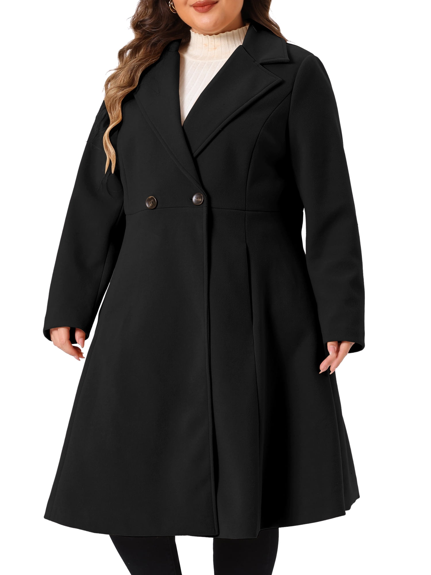 DARING DIVA Women's Plus Size Notch Lapel Double Breasted A Line Coat 1X Black