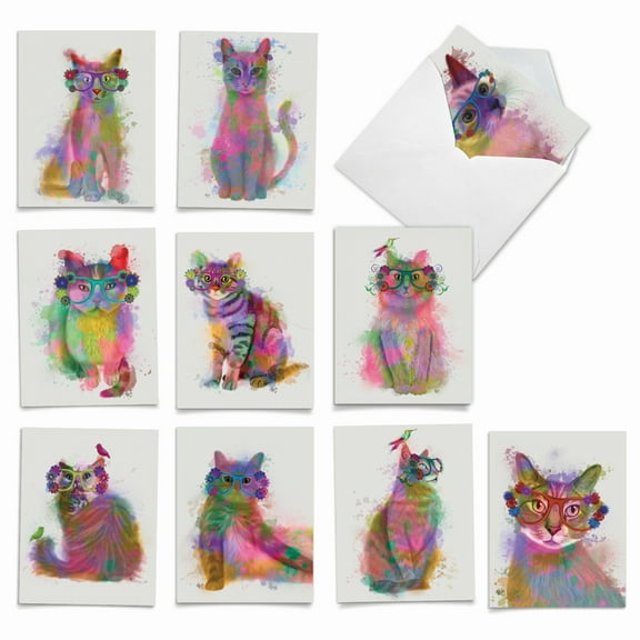 10 Assorted All Occasion Blank Note Cards with Envelopes (4 x 5.12 Inch) - Rainbow Splash Cats