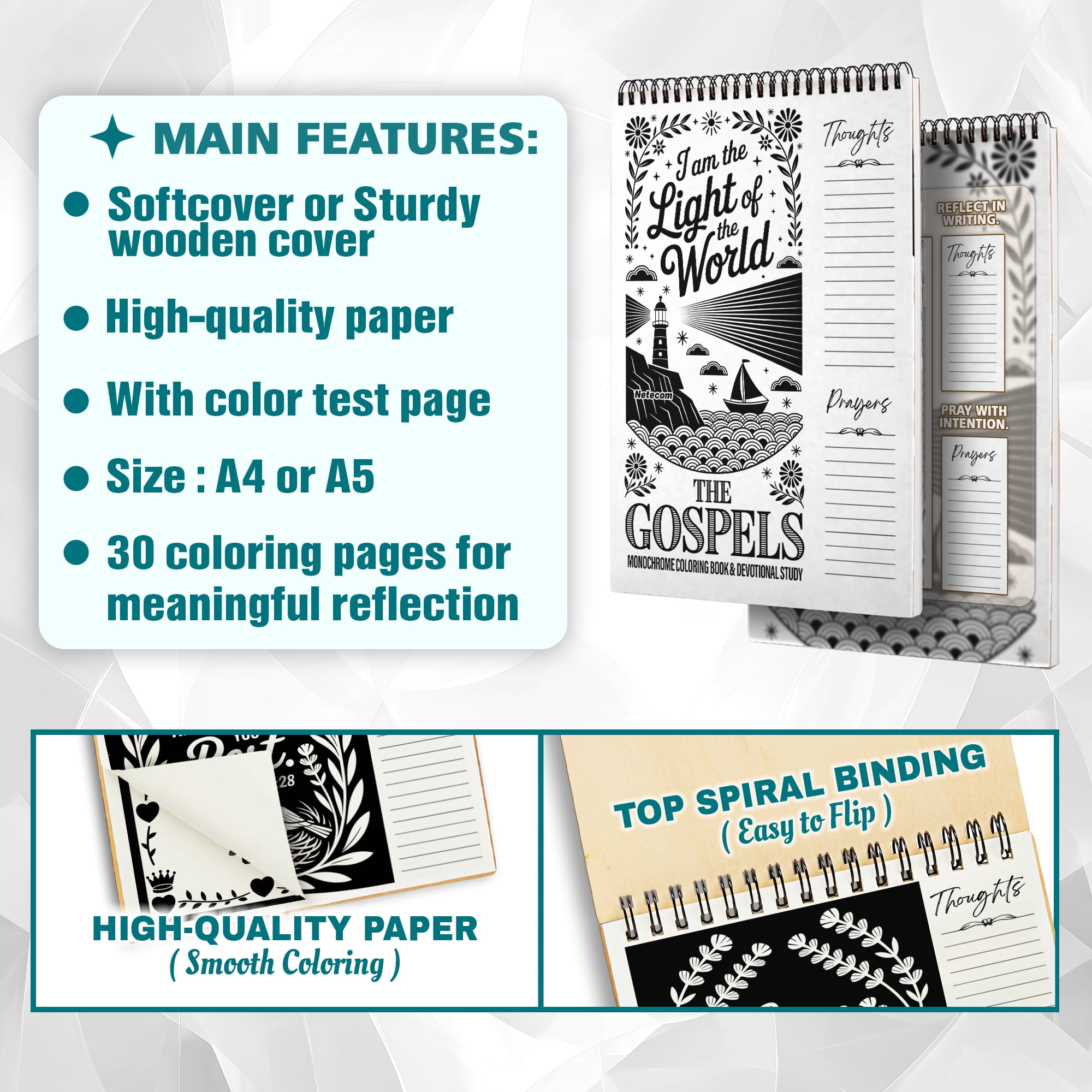 The Gospels Monochrome Coloring Book for Adults, 30 Minimalist Scripture Art Pages with Reflection & Prayer Space, Spiral Bound, A4 or A5 Softcover or Wood Cover