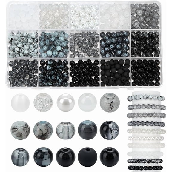 600pcs 6mm Black White Glass Beads 15 Styles Round Bracelet Beads Small Glass Bead Bulk Small Frosted Loose Jewelry Bead for DIY Necklaces Bracelets DIY Jewelry Making
