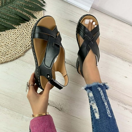 

FAKKDUK Sandals For Women With Arch Support Women Comfy Orthotic Sandal Anti-Slip Breathable Platform Wedge Open Toe Sandal Sandals Casual Sandals with Ankle Strap 9.5&Black
