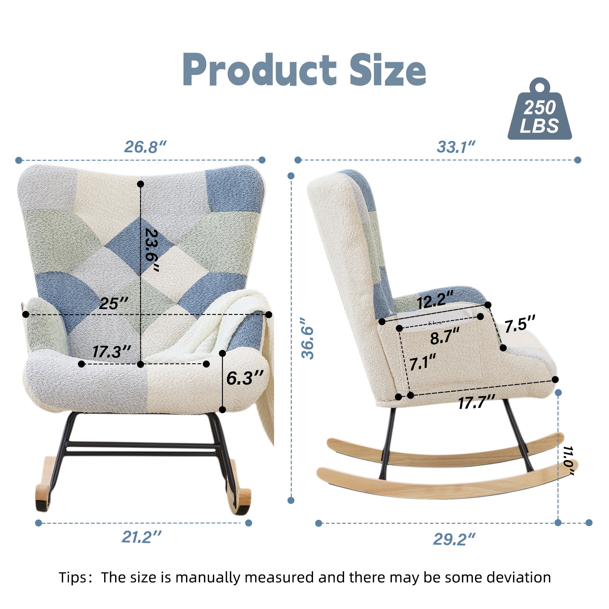 Patchwork Teddy Fleece Upholstered Rocking Chair, High Back Nursery Glider Rocker with Side Storage Pocket, Rubberwood Rockers Accent Armchair for Nursery Living Room Bedroom Office.