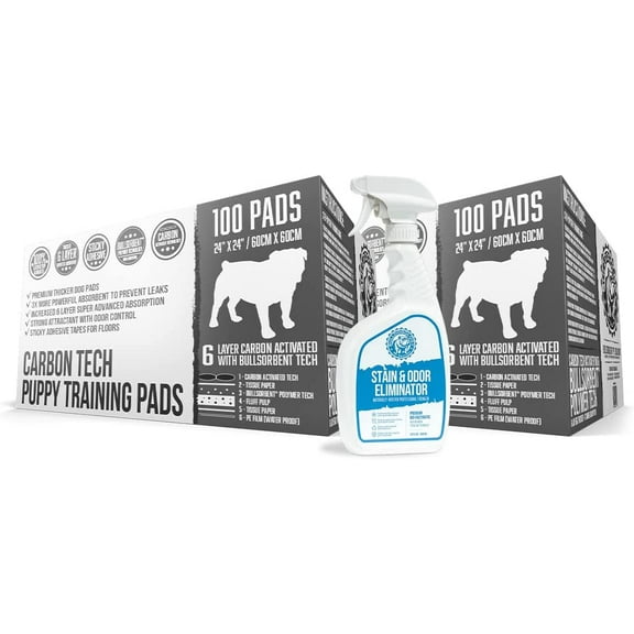Bulldogology Carbon Black Puppy Pee Pads with Adhesive Sticky Tape (24x24) with Stain & Odor Remover Bundle Set (200-Count w/32oz.)