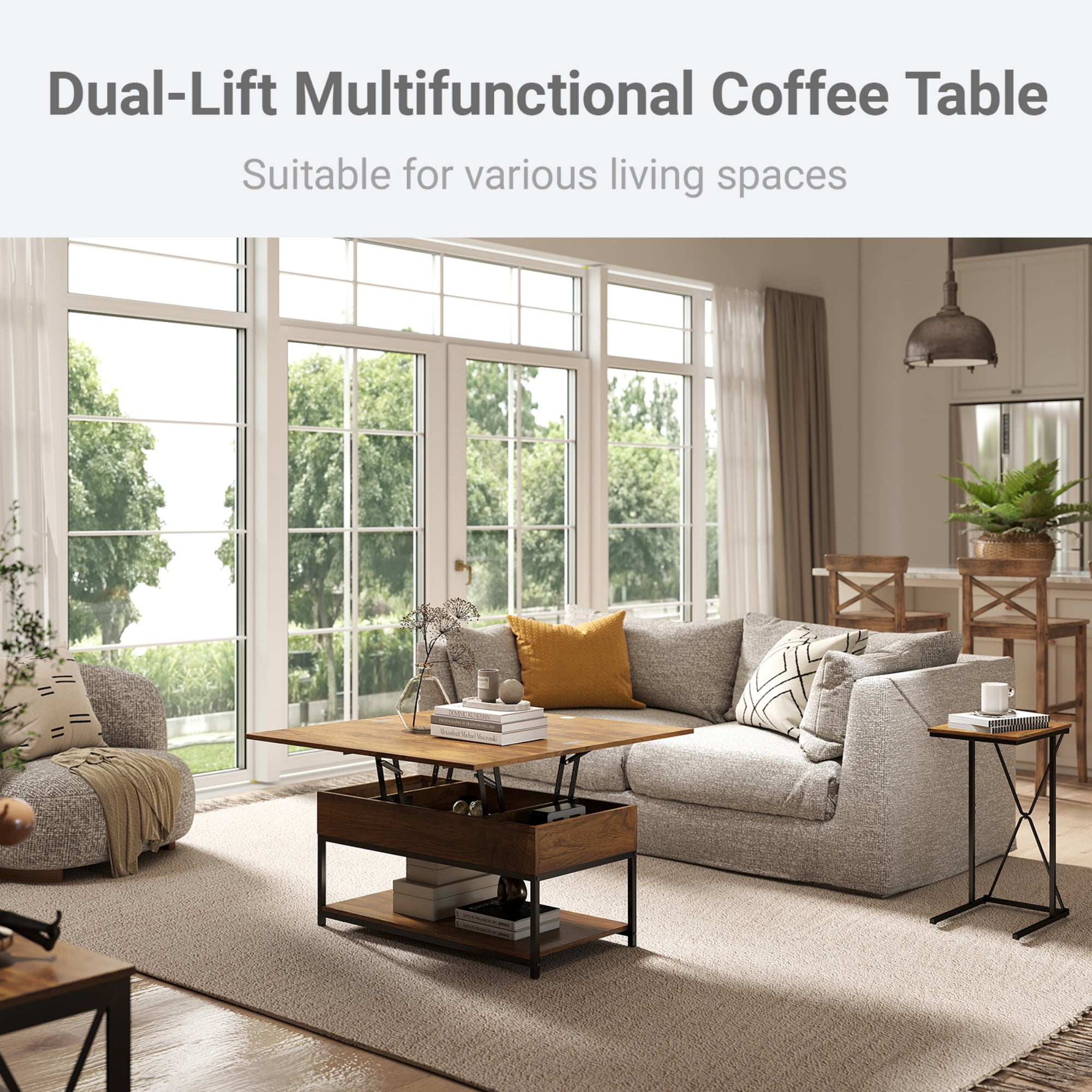 Manxile Lift Top Coffee Table with Storage for Living Room, Farmhouse Coffee Table with Lift Top, Red Oak Finish
