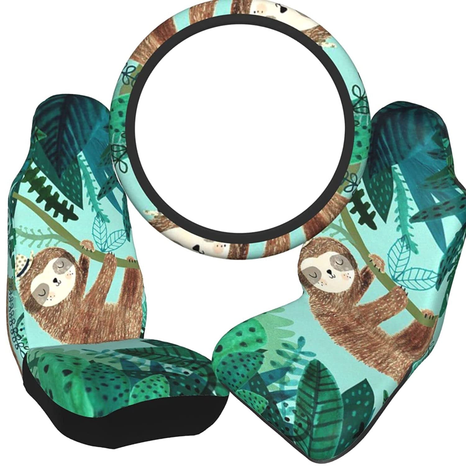 QIBAIDAN Cute Sloth with Hat Seat Covers Steering and Wheel Cover Set