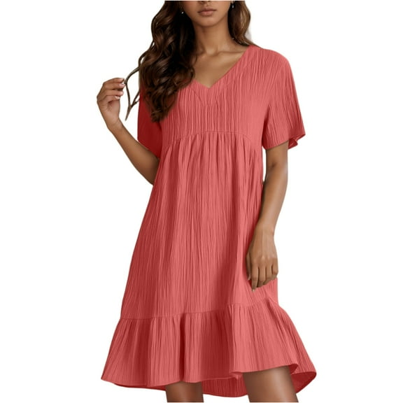 Pleated Dresses for Curvy Women V Neck Cotton Linen Short Sleeve A-Line A-Line Dresses Knee Length Ruffle Tiered Layered Vacation Gauze Dresses Watermelon Red S
