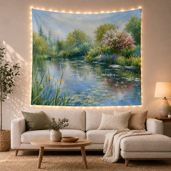Garden Pond With Lilies and Flowering Trees, Peaceful Cottagecore Style for Garden Lovers, Floral Wall Art, Mother's Day Gift, Tapestry Wall Hanging for Bedroom and Living Room