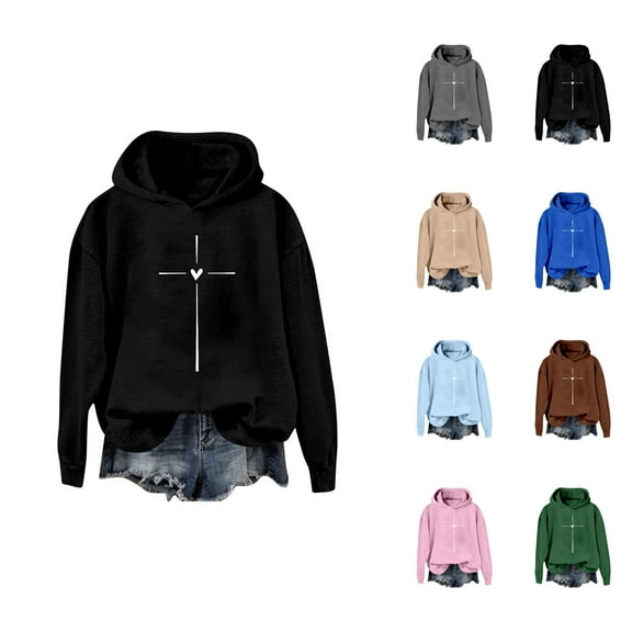 Christian Hoodies for Women 2025 Fall Winter Long Sleeve Cross Print Hoodie Hooded Sweatshirt Pullover Tops