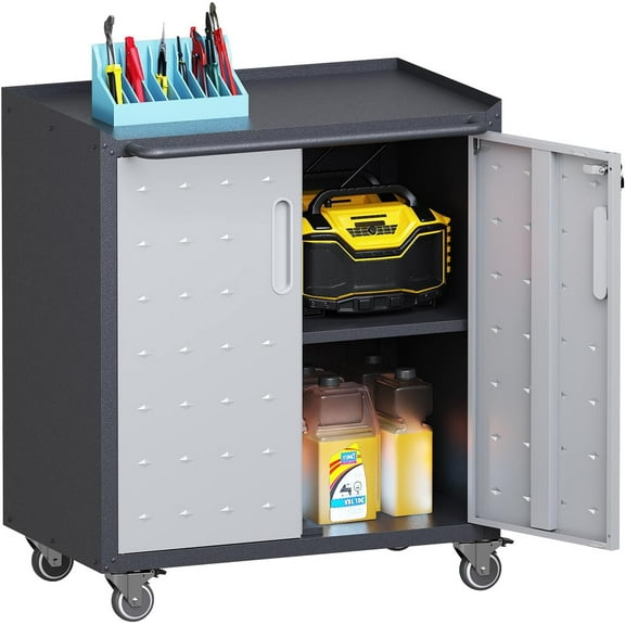 Metal Storage Cabinet with Wheels Heavy Duty Steel Garage Storage Cabinet with Lock Rolling Tool Cabinets with Adjustale Shelves for Warehouse Garage Basement Kitchen, Assembly Required