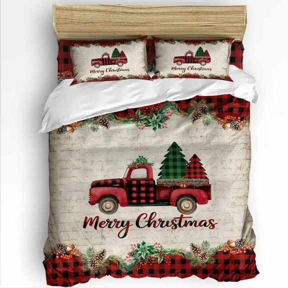 Merry Christmas Red Truck Twin Size Comforter Set, Plaid Xmas Tree Garland Vintage Letter Bedding for All Seasons, 4 Pcs Bed Set with 1 Comforter (68"x86") ,1Sheet(66"x116"), 2 Pillowcases (19"x29")