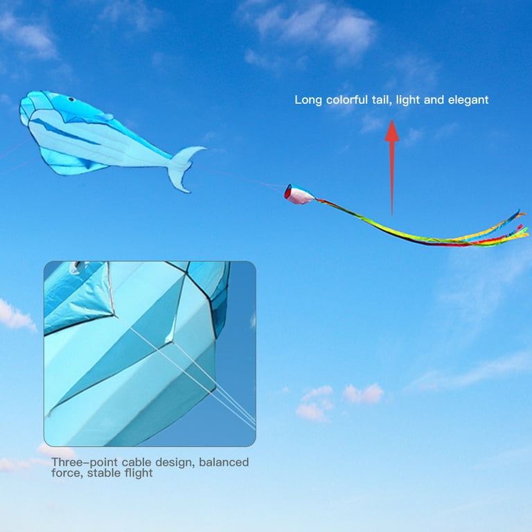 Large Blue Dolphin Kite, Frameless Soft Parafoil Giant 3D Kite