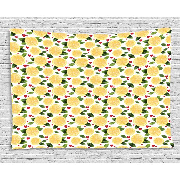Lemon Tapestry, Lemon Slices with Leaves and Hearts Kitchen Menu Valentines Care Pattern, Wall Hanging for Bedroom Living Room Dorm Decor, 60W X 40L Inches, Mustard Dark Green Red, by Ambesonne