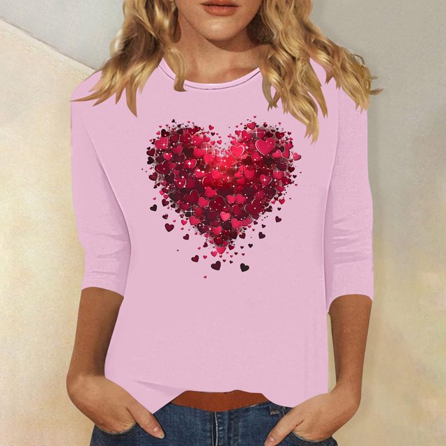 Jienlioq Chandail en Molleton de la Saint-Valentin pour Femmes Imprimé Décontracté Col Rond Manches 3/4 Rose 2TG