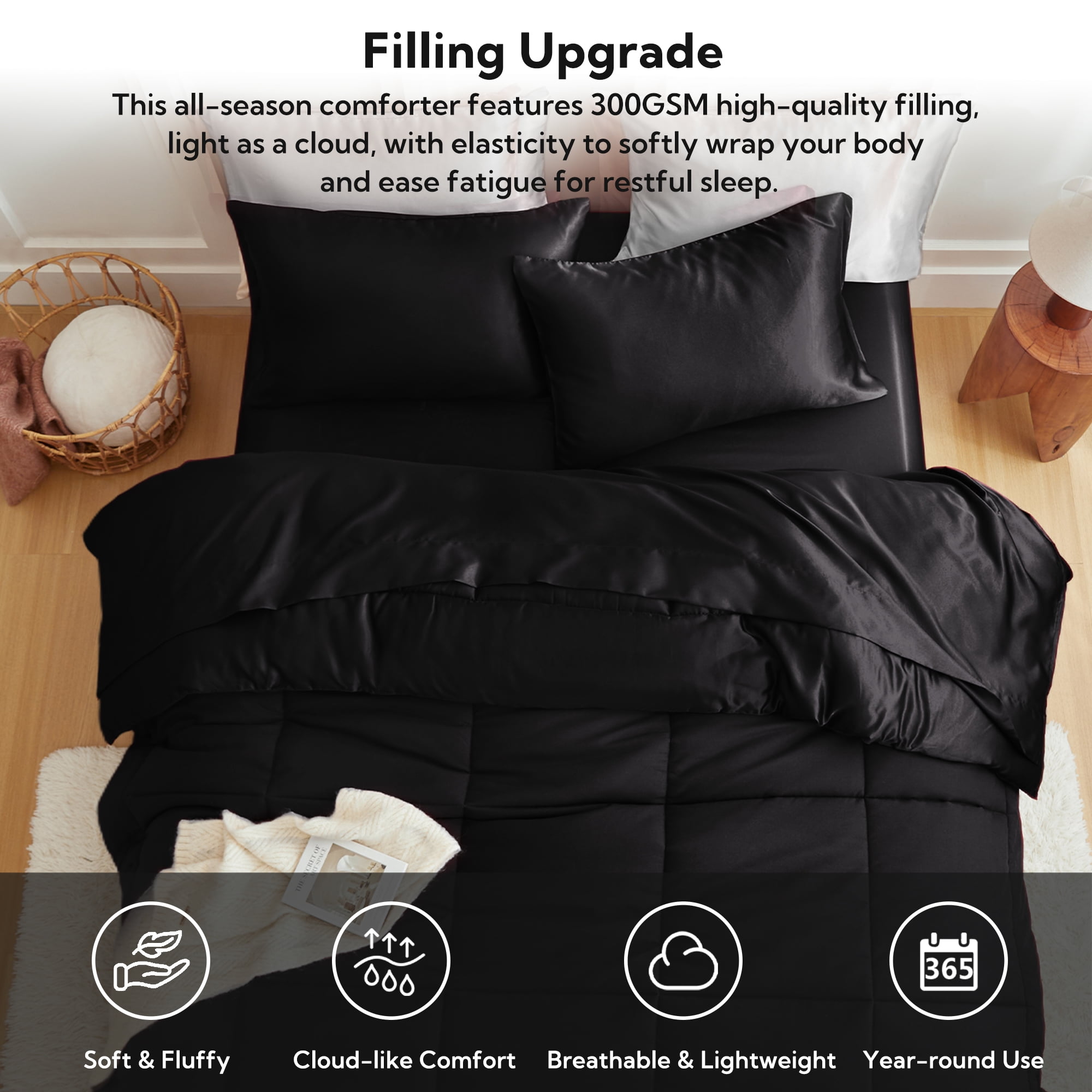 MR&HM Reversible Satin Microfiber Comforter 3 Pieces Queen Size, Black Queen Comforter Set for All Seasons, Silky Soft Satin Comforter for Hair and Skin, with Satin Pillowcases Set of 2
