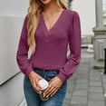 thumbnail image 2 of ATOYSOY Outwear Fall Solid Color Tops Casual Cotton Linen Deep V Neck Pullovers Loose Shirts for Women Trendy Long Sleeve Tees Purple M, 2 of 6