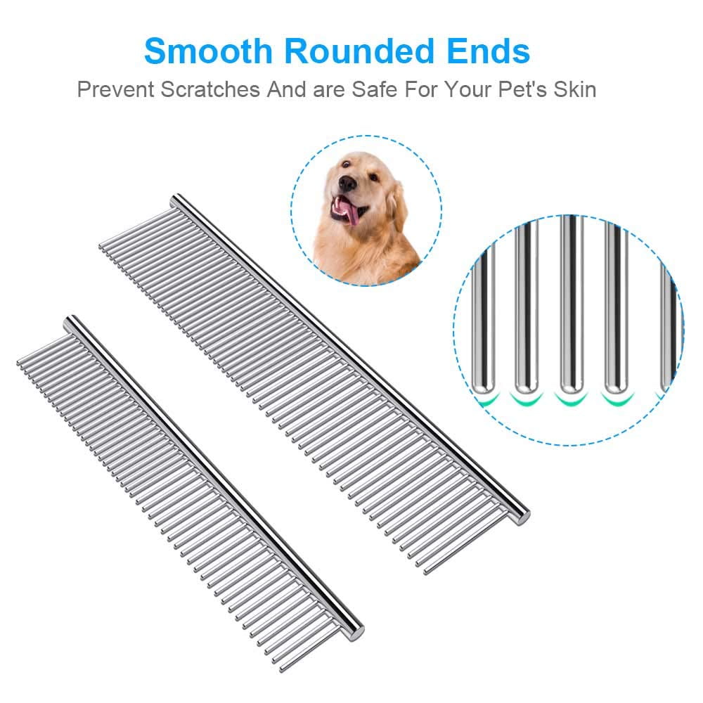 2 Packs Dog Combs with Rounded Ends 2-in-1 Pet Cat Comb for Removing Tangles and Knots Pet Metal Comb with Stainless Steel Teeth Pet Comb Dog Grooming Comb Grooming Tool for Long and Short Haired Dog 