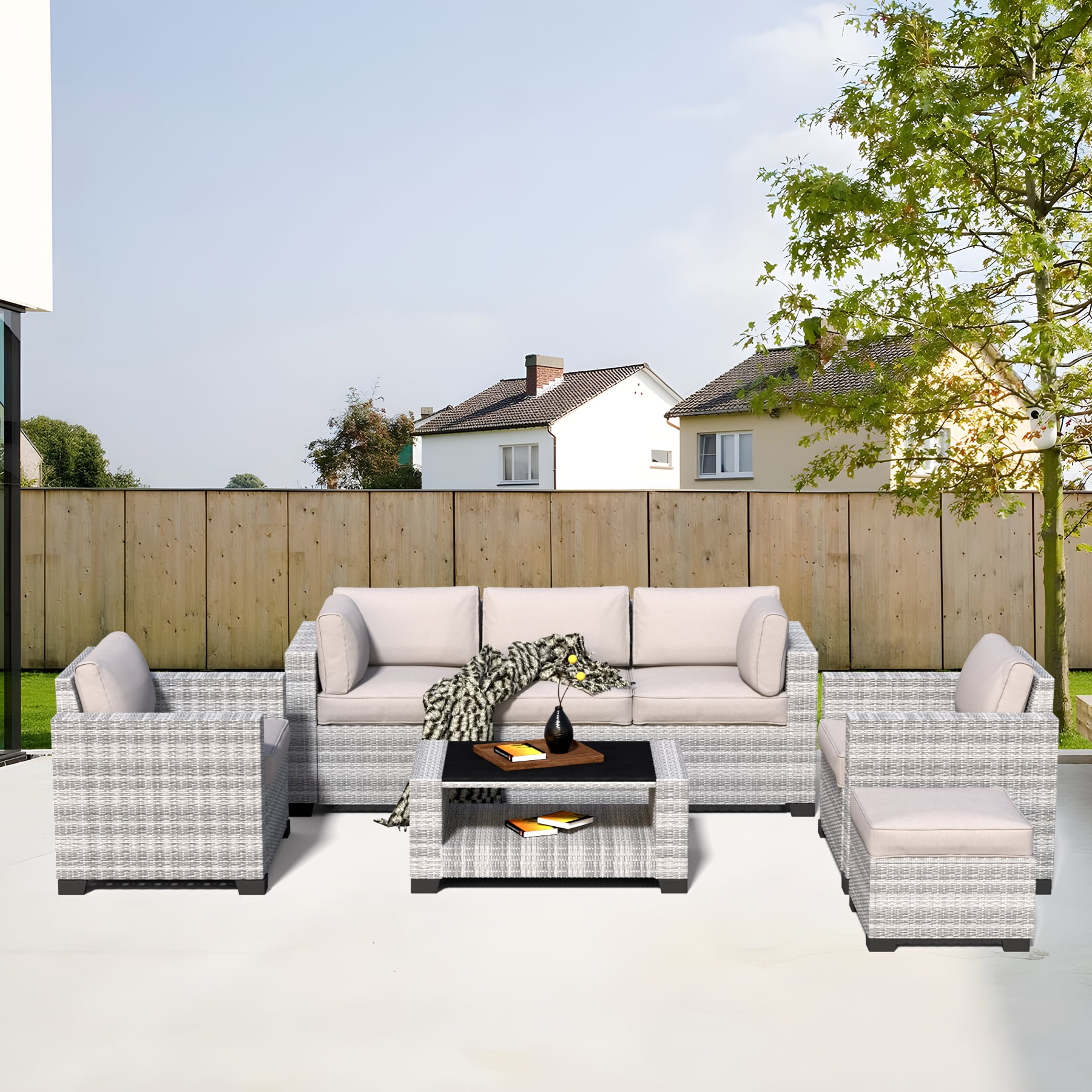 7-Piece Outdoor Patio Furniture Set, PE Rattan Sectional Sofa with Waterproof Cushions & Coffee Table, Modern Patio Conversation Set for Porch, Balcony, Backyard