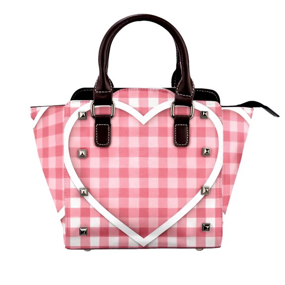 Pink Plaid Heart Rivet Handbag Studded Satchel One-Shoulder Tote Bag for Women