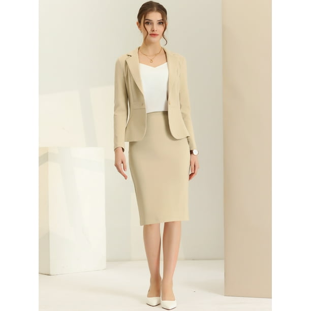 Conjunto de falda de traje de 2 piezas para mujer Blazer de manga larga informal de negocios y falda de tubo Caqui S Allegra K Traje Walmart en linea