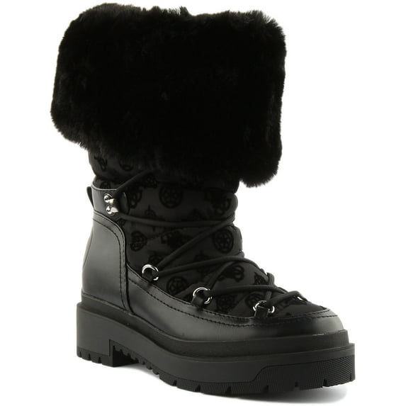 Guess Larya Women's Lace Up Faux Fur Ankle Boot In Black Size 10