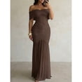 thumbnail image 6 of Coffee Brown Foldover Off Shoulder Ruched Cinched Waist Mermaid Evening Gown Slim Fit Party Dress, 6 of 8