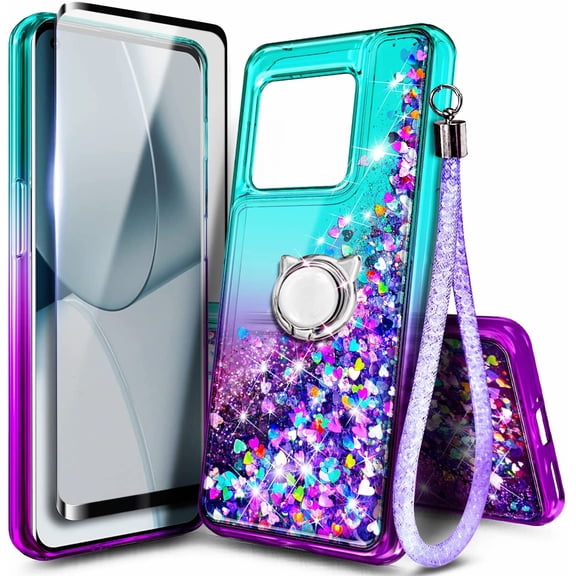 OnePlus 10 Pro 5G Phone Case with Tempered Glass Screen Protector (Full Coverage), Nagebee Sparkle Glitter Floating Liquid Bling [Ring Holder & Wrist Strap] Women Girls Cute Case (Aqua/Purple)