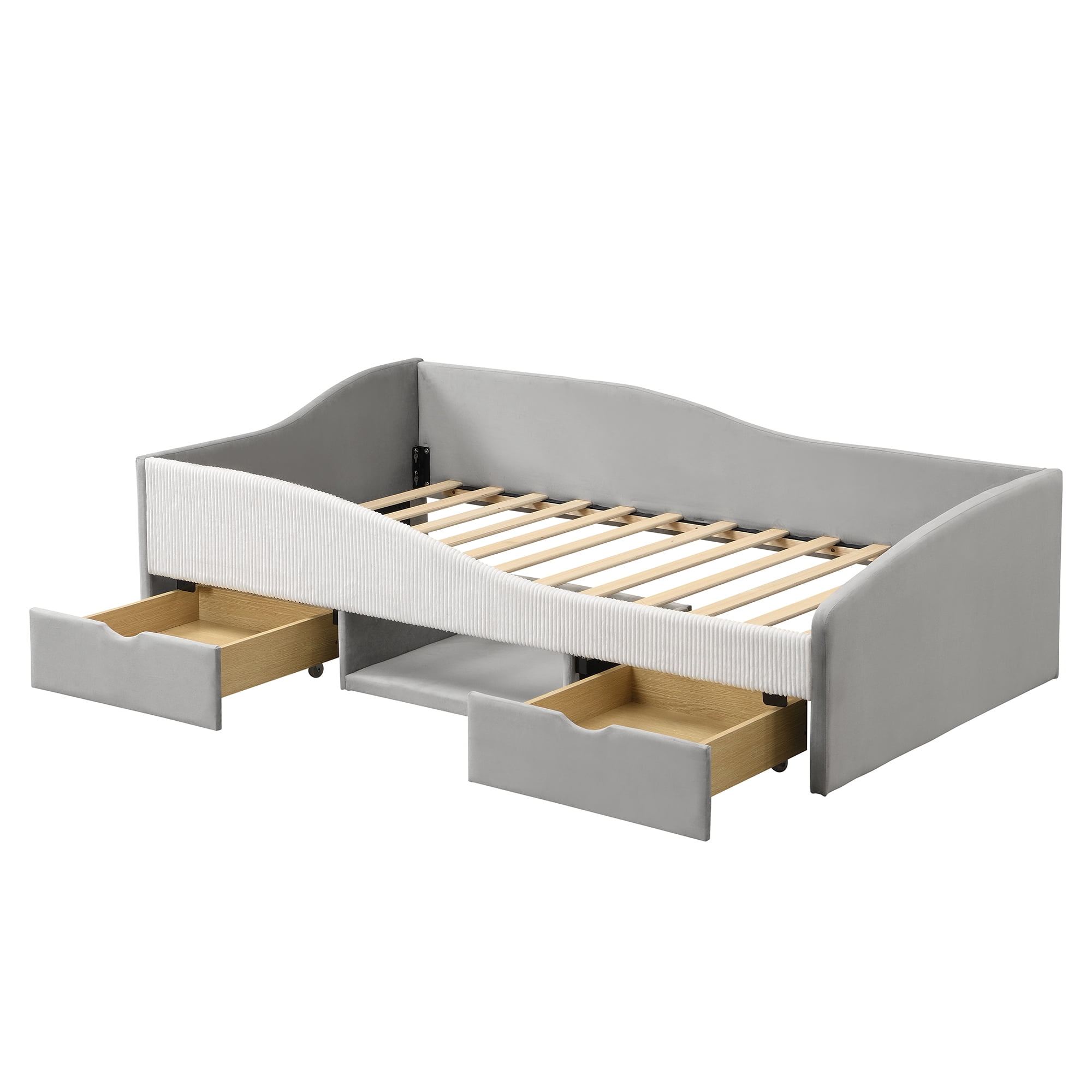 Aukfa Twin Size Upholstered Daybed with 2 Storage Drawers, Shelf and Curved Guardrails, Velvet Bed Frame, Gray