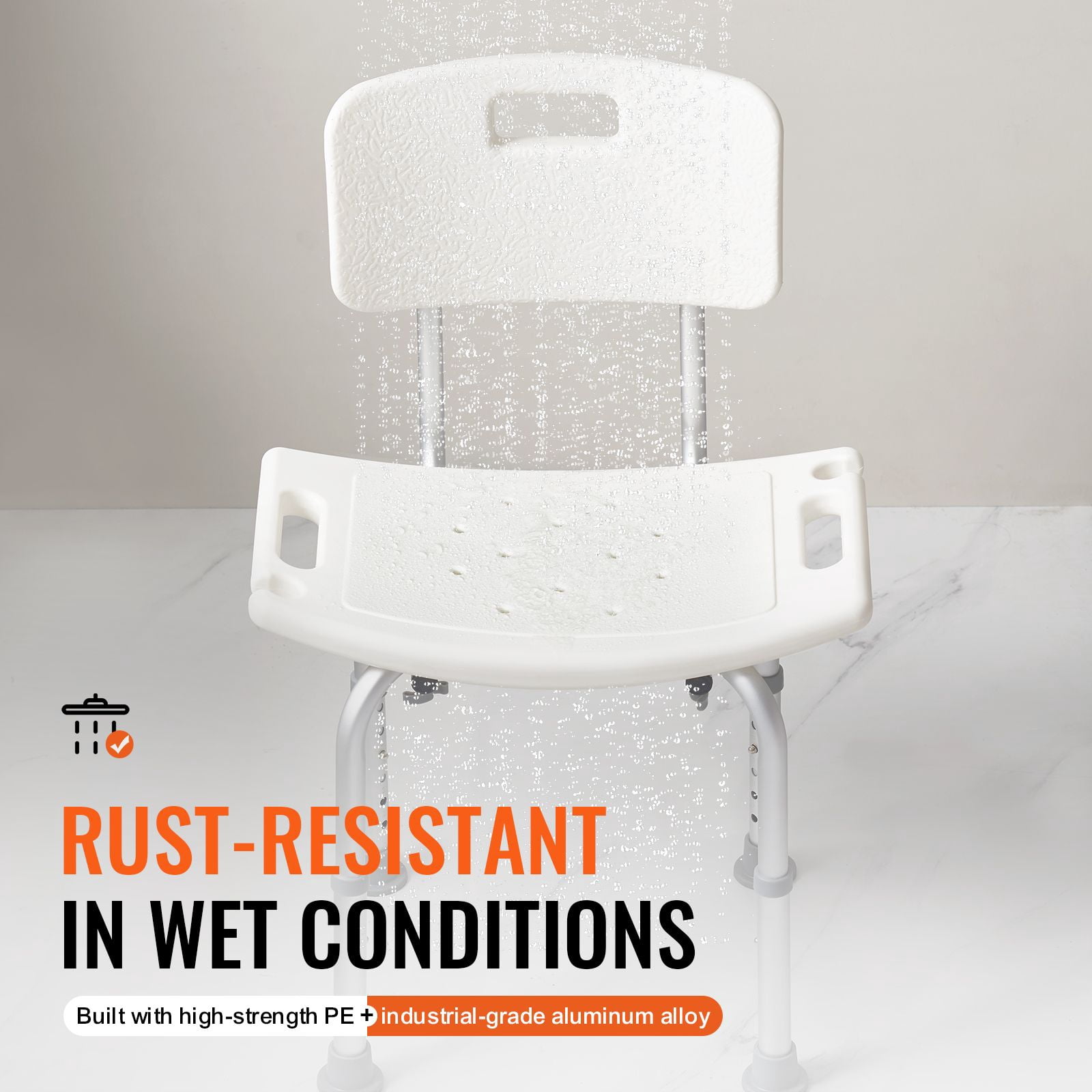 Shower Chair with 350 lbs Capacity, Adjustable Height 15.35-20.47", Non-Slip Feet, Shower Head Holder, Storage Bag for Seniors Disabled