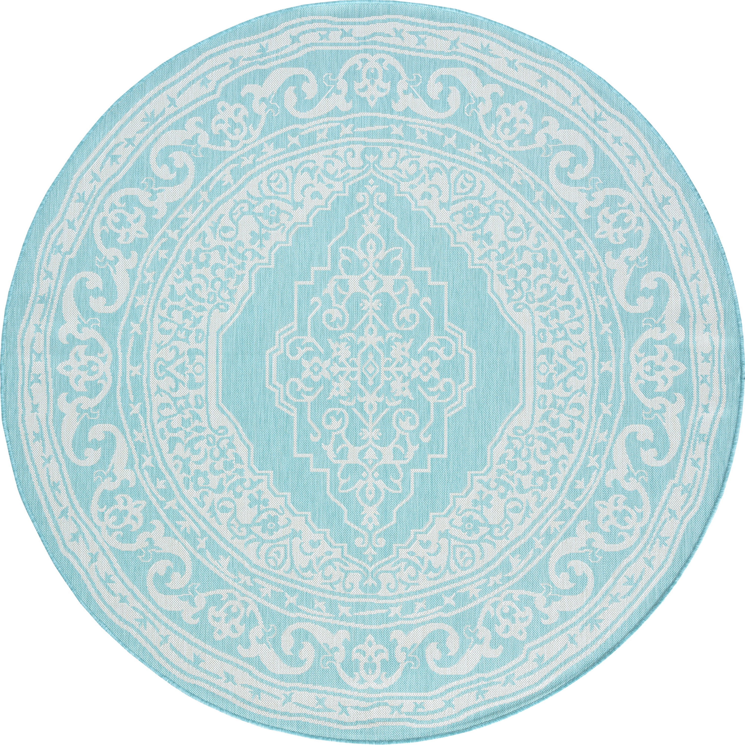 8ft Round Water Resistant, Large Indoor Outdoor Rugs for Patios, Front Door Entry, Entryway, Deck, Porch, Balcony | Outside Area Rug for Patio | Aqua, Floral | Size: 7'11'' Round