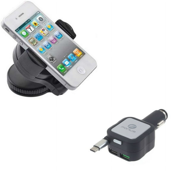 Windshield Mount Holder w Retractable Car Charger Y8N for Acer Liquid Jade Primo - Alcatel PulseMix, 7, Idol 5S 5 4S - ASUS Zenfone V Live, ROG Phone, AR 6 5z 4 Pro - Blackberry Motion, Key2