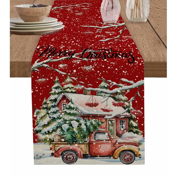 Red Christmas Table Runner 36 Inches, Winter Vintage Farmhouse Xmas Tree Truck Bed Runner Dresser Scarves Tabletop for Indoor Outdoor Parties/Ceremony/Banquet, 13"x 36"