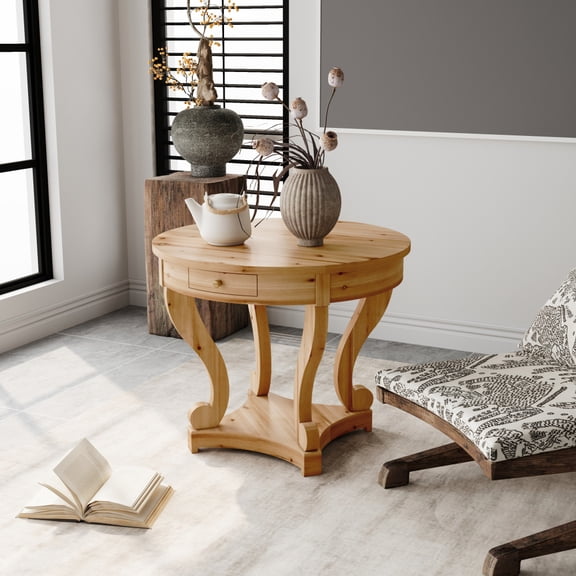 LUCKHAO Round Large Side Table End Table with 2 Drawer Storage Space for Living Room, Modern Farmhouse Wood Circle Coffee Table Side Table End Table