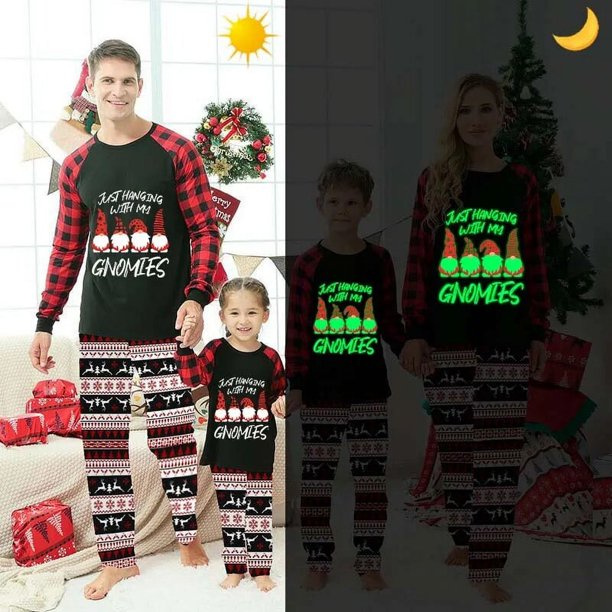 Pijamas familiares a juego de Navidad, luminosos, brillantes, colgantes con My Gnomies, conjunto de pijamas de cuadros rojos