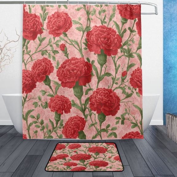 TTYFWHD 60" x 72" Shower Curtain and Bath Mat Set Elegant Red Carnation Pattern Waterproof Bathroom Curtain with 12 Hooks, Bathroom Decor Set