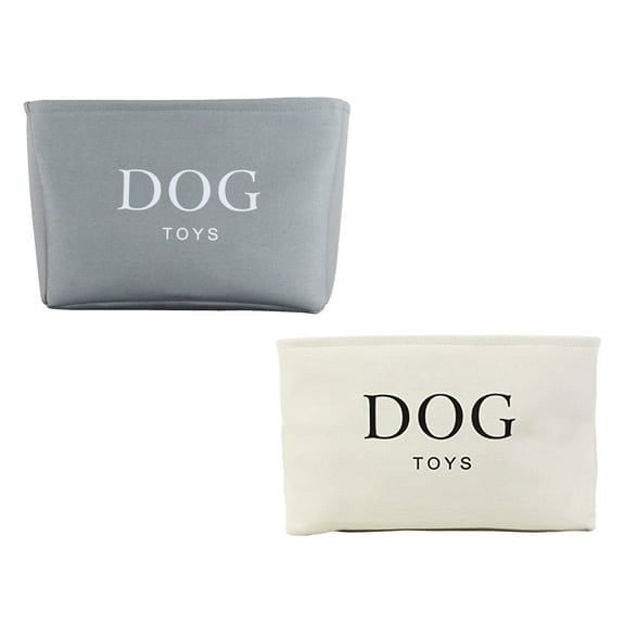 Dog Toys Rectangular Canvas 7x16x12 Inches Storage Basket Organizer Bin Box with Handles, For Blankets, Towels, Toys - White & Gray - 2 Pack