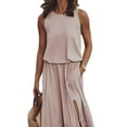 thumbnail image 3 of Women's Crew Neck Sleeveless Elastic Waist Slit Maxi Dress Khaki S, 3 of 6