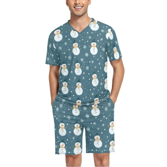 joogoo Men's Pajama Set Snowflake and Snowman Christmas V-Neck Pj Shorts Set 2 Piece Loungewear Sleepwear L