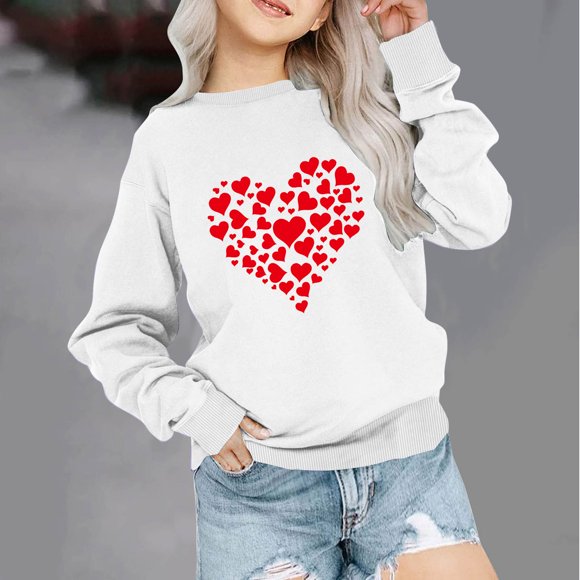 Milgrthf Valentines Shirt for Women Causal Heart Print Graphic Long Sleeve Loose Fit Pullover Blouse Tops Crewneck Sweatshirt White 6 Years