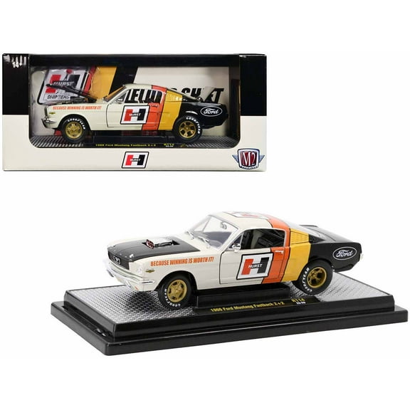1966 Ford Mustang Fastback 2 2 Off White and Black with Red and Yellow Stripes "Hurst Shifters" Limited Edition to 6000 pieces Worldwide 1/24 Diecast Model Car by M2 Machines