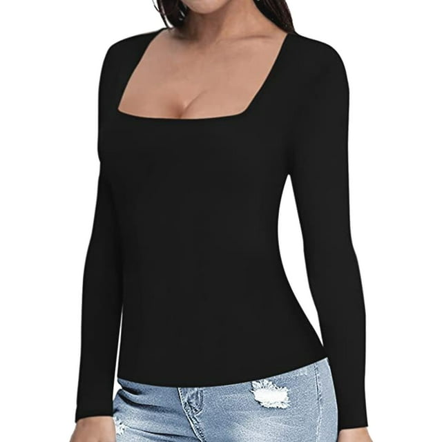 Sous-vêtements Thermiques pour Femmes Haut à Manches Longues Col Carré Ajusté Couche de Base Décontractée pour Chaleur et Confort