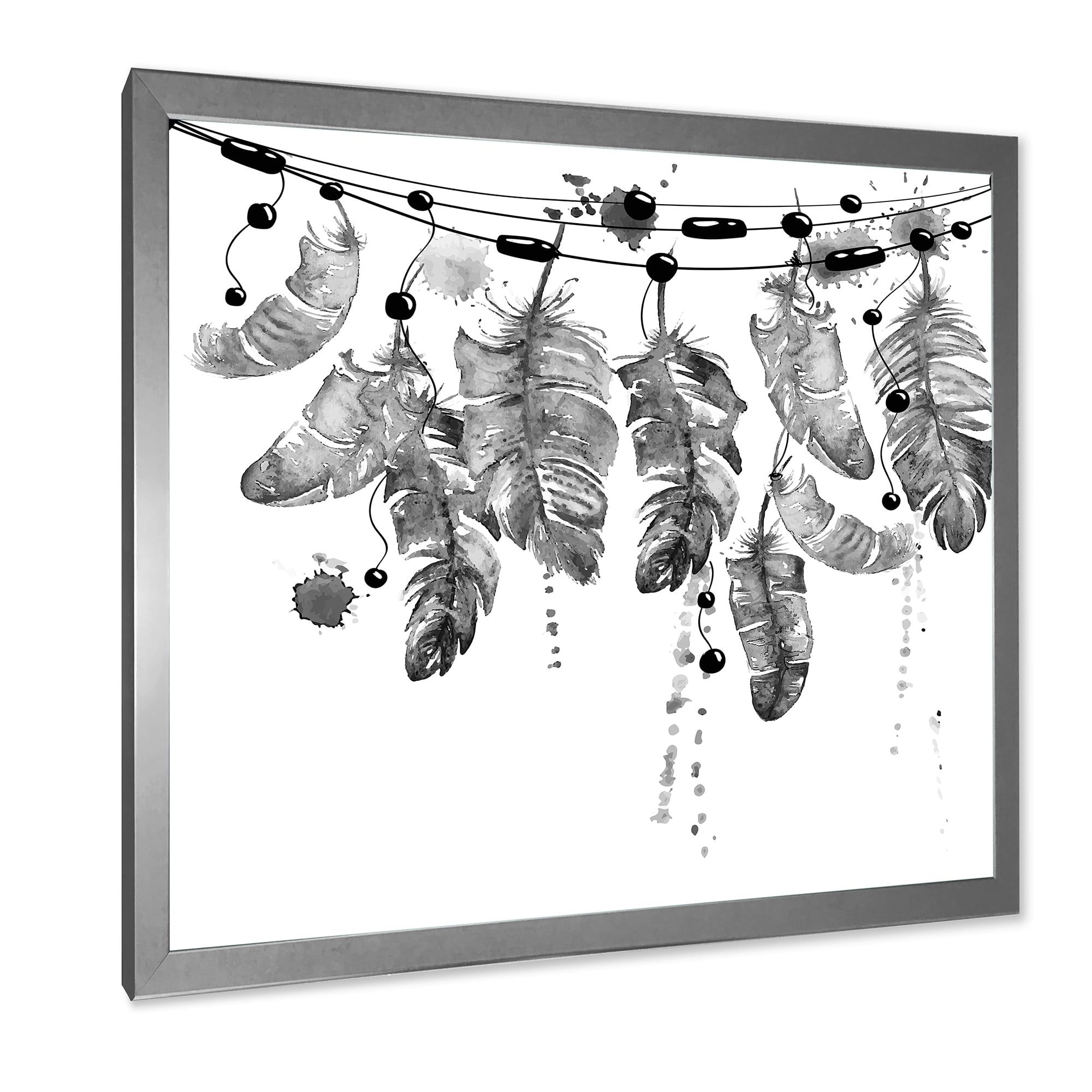 Designart 'Hanging Monochrome Bird Feathers' Bohemian & Eclectic Framed Art Print
