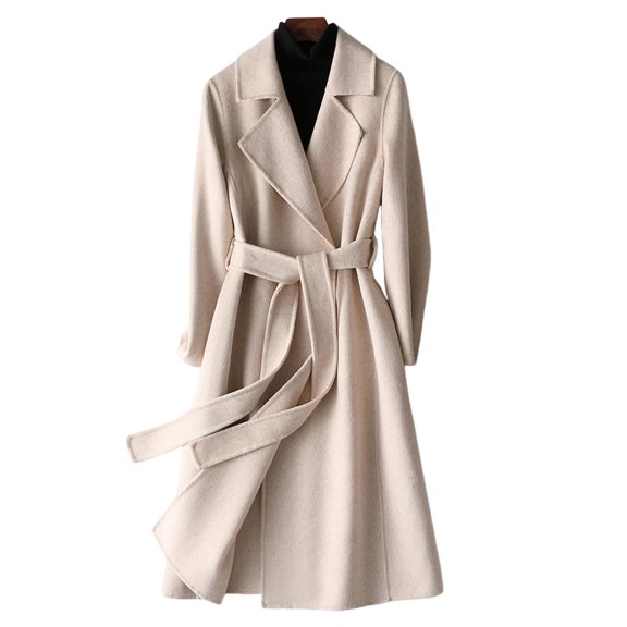 Quixlent Womens Long Wool Peacoat Notched Lapel Open Front Trench Coat Slim Fit Fall Winter Warm Overcoat with Belt
