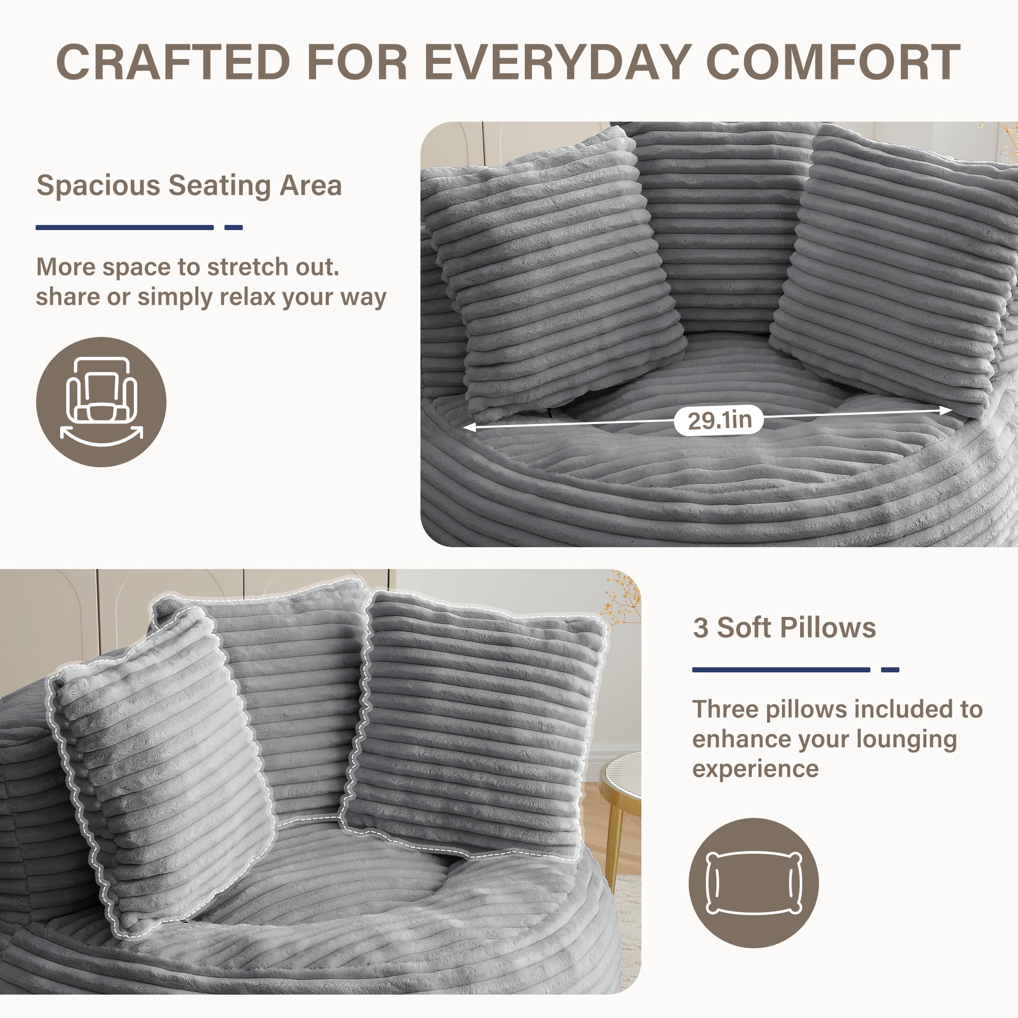 YINIX Oversized Bean Bag Chair with Backrest and Cushion, Cozy Round Floor Sofa for Living Room, Gray