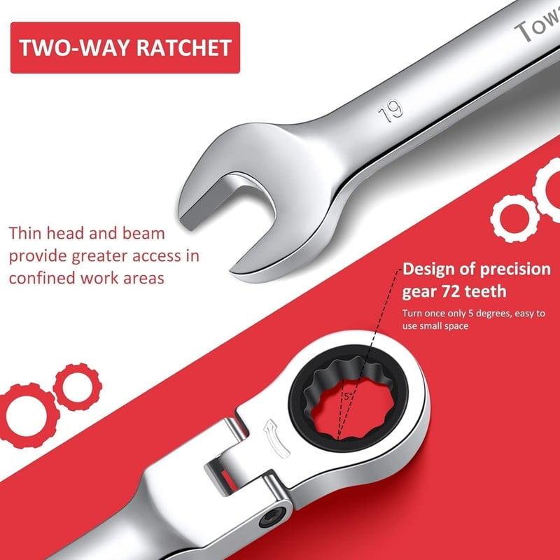 Towallmark 12 Piece Metric Ratcheting Wrench Set, 8 19mm Flex Head Wrenches, 72 Tooth Cr V Steel, Includes Storage Pouch, For Automotive Bike Home DIY Repairs