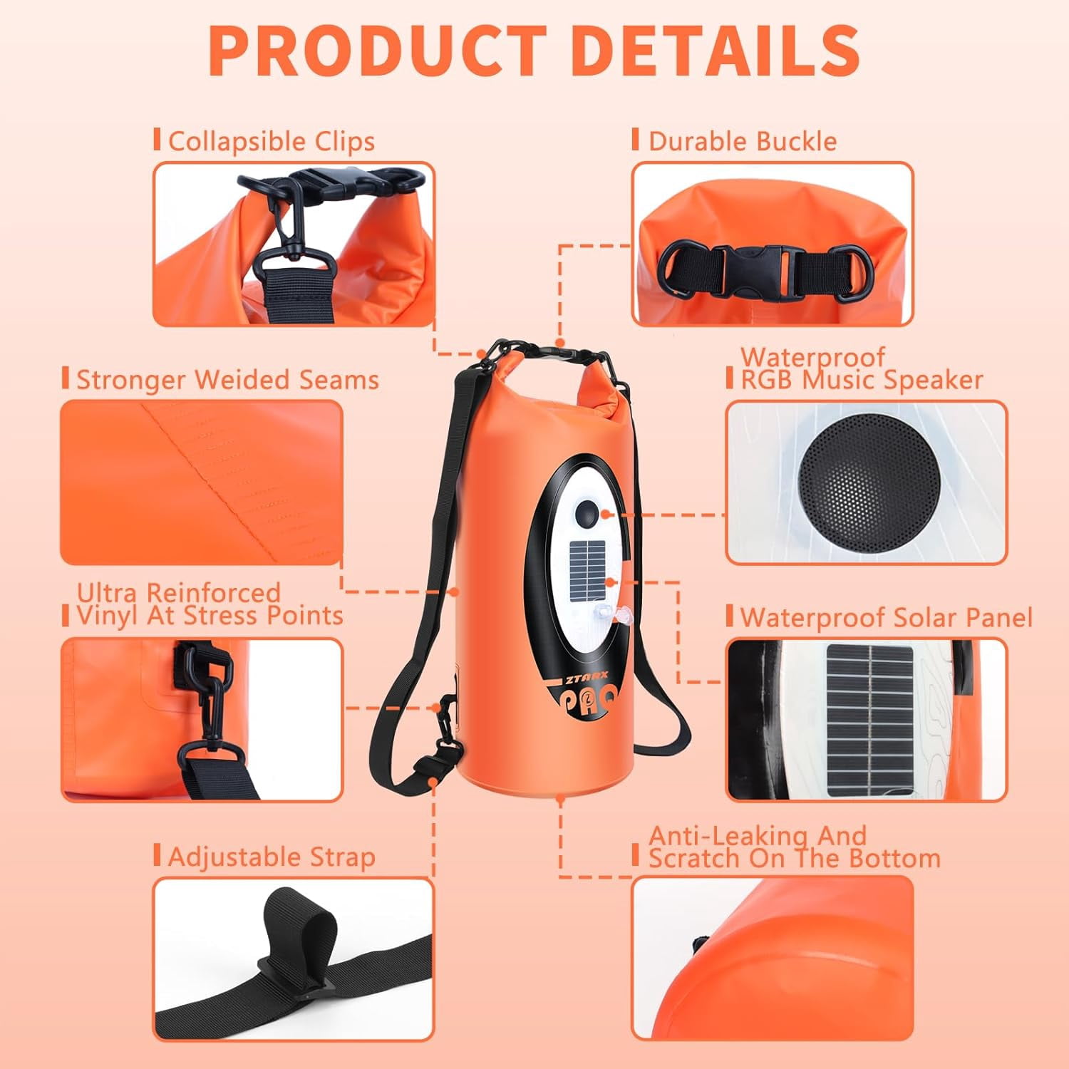 Solar/Battery Powered Multi-Functional Waterproof Backpack, Bluetooth Speaker, IP66 Waterproof Dry Bag, Heavy Duty Roll Top Closure, Large Capacity Bag for Camping, Hiking, Traveling (Orange 10L)