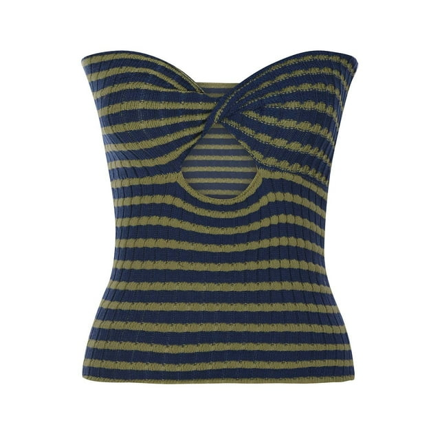 Frostluinai Striped Crochet Sweaters for Women Twist Front Hollow Out Tube Sweaters Off Shoulder Slim Fit Strapless Pullover Color Block Sweaters