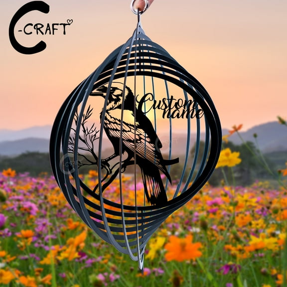 Custom Raven Wind Spinner 8 inches Metal Hanging, Memorial Wind Spinner Garden Decor